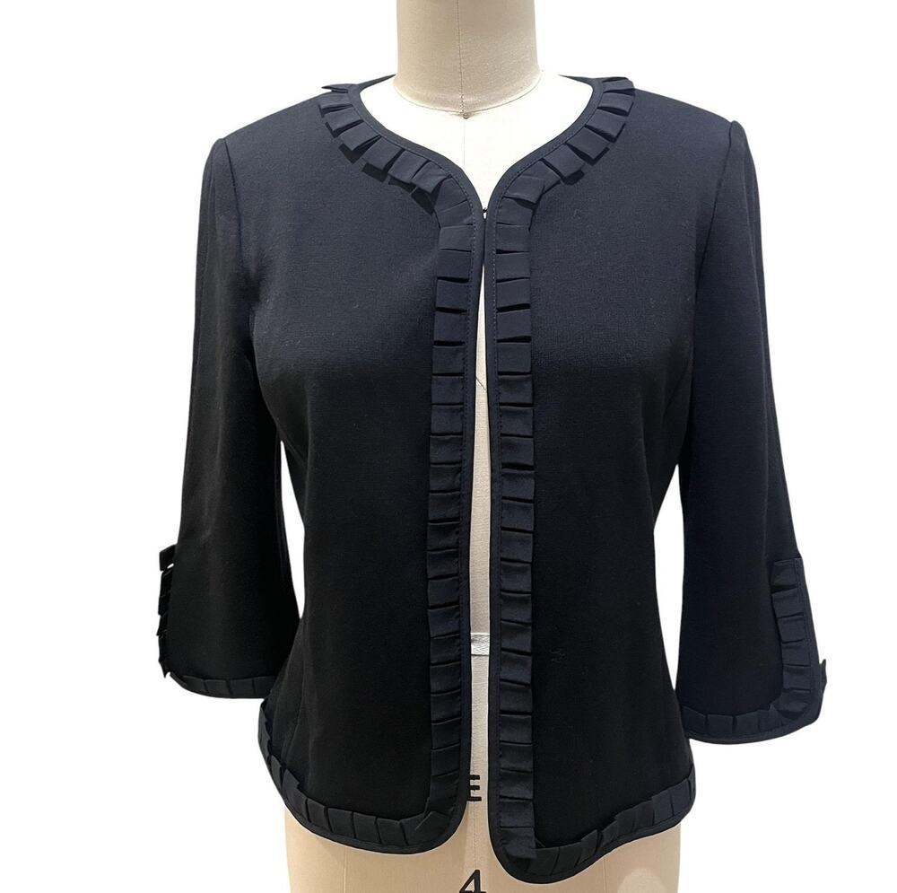 St. John Cardigan Sweater Womens 4 Black Wool Pleated Trim 3/4 Sleeve Knit
